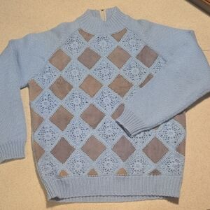 Blue and Gray Women's Turtleneck Sweater